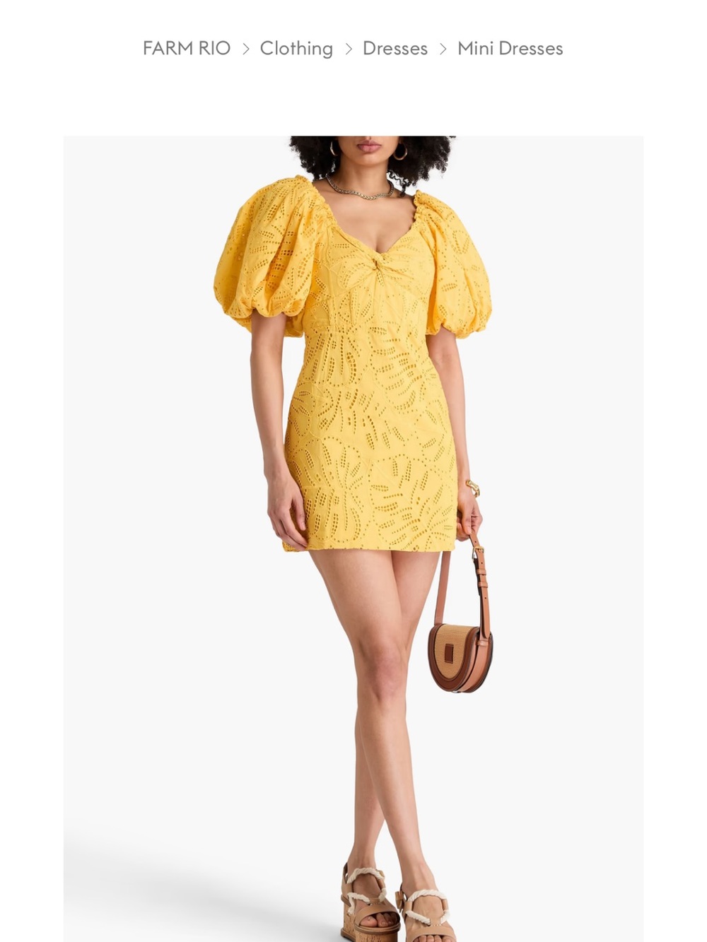 FARM Rio Bright Yellow Eyelet Puff-Sleeve Mini Dress